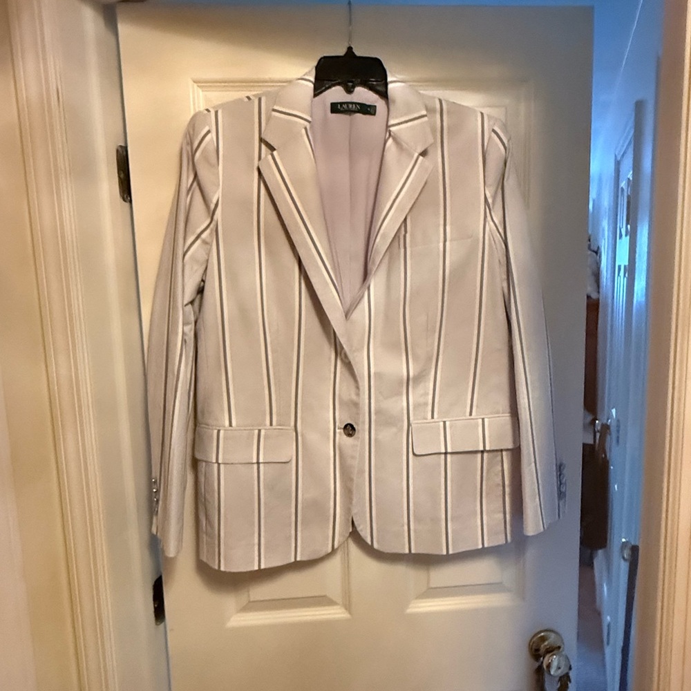 Ralph Lauren Women's Blazer - White & light gray with darker gray stripes